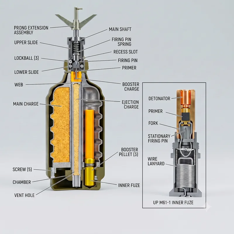 Modernized cutaway plate of the PROM-1 mine and its UP M61-1 inner fuze